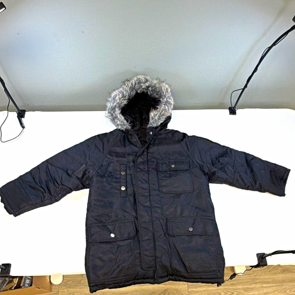 Sean John Mens S Black Hooded Parka Jacket Zip/Button Lined Pockets Fur Trim